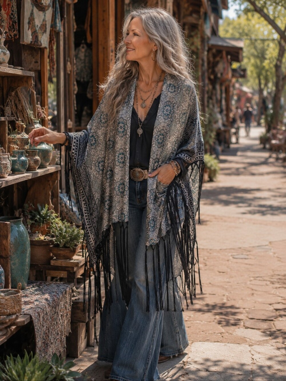 Steve Madden Floral Pattern Fringe Kimono in Blue and Black
